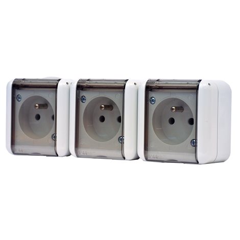 134.22931.GT Zásuvka trojitá s transparentním víčkem IP44 šedá, 250V~ 50Hz/16A 2