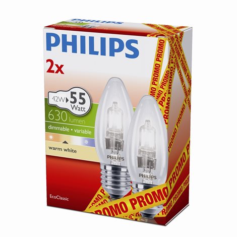 Halogenová žárovka Philips EcoClassic E27 42W B35 2800K set 2ks 2