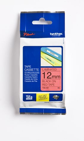 TZE-431 červená/černá 12mm, kazeta laminovaná, délka 8m 2