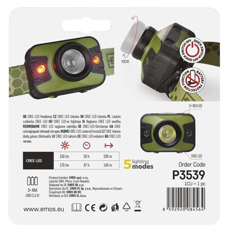 P3539 ČELOVKA CREE LED + RED LED S FOKUSEM 3×AAA 12
