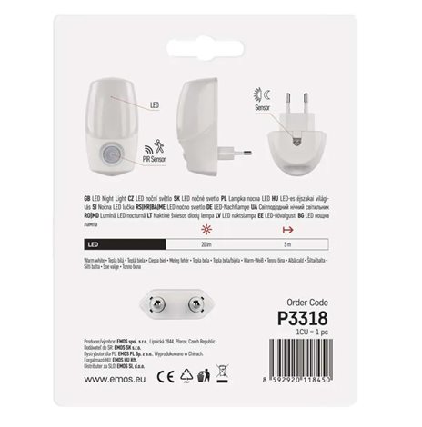 P3318 NOČNÍ SVĚTLO WW 230V/0,8W; PIR;FSZR 10