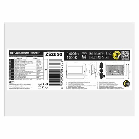 LED Reflektor PROFI ZS2650 33,1x12,1x30cm 100W 11000lm 4000K IP65 2