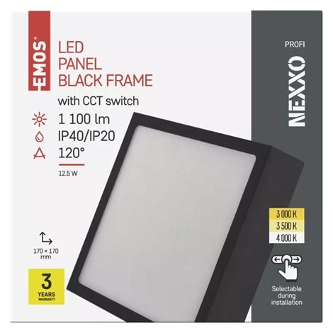 ZM6333 LED přisazené svítidlo NEXXO černé čtverec 12,5W, 1100lm, 3000-4000K, IP40, 17x17cm 3