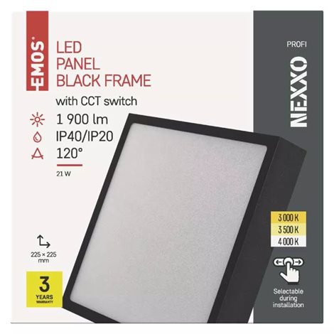 ZM6343 LED přisazené svítidlo NEXXO černé čtverec 21W, 1900lm, 3000-4000K, IP40, 22,5x22,5cm 3
