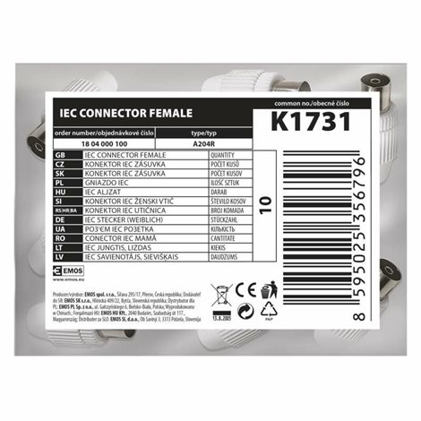 K1731 Konektor IEC A204R zásuvka šroubovací, rovný 3