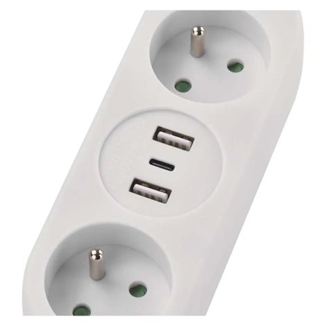 P0212U Prodlužovací kabel 2 m / 2 zásuvky+2×USB A+1×USB C / bílý / PVC / 1 mm2 2