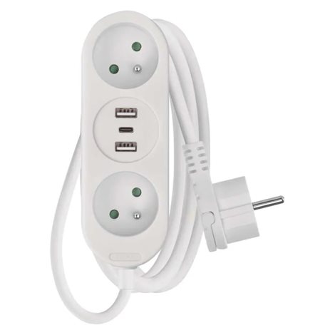 P0212U Prodlužovací kabel 2 m / 2 zásuvky+2×USB A+1×USB C / bílý / PVC / 1 mm2 1