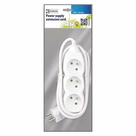 P0311 Prodlužovací kabel 1,5m, 3zásuvky, bílý, PVC, 1mm2 2