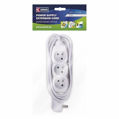 P0313 Prodlužovací kabel 3m, 3zásuvky, bílý, PVC, 1mm2 2