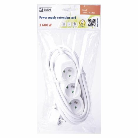 P0313R Prodlužovací kabel 3m, 3zásuvky, bílý, PVC, 1,5mm2 3
