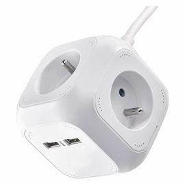 P04119U Prodlužovací kabel - kostka 1,9m, 4zásuvky, bílý, PVC, s USB, 1mm2