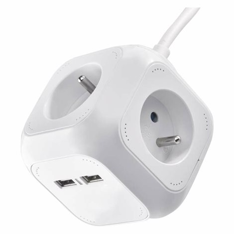 P04119U Prodlužovací kabel - kostka 1,9m, 4zásuvky, bílý, PVC, s USB, 1mm2 1