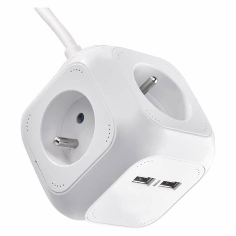 P04119U Prodlužovací kabel - kostka 1,9m, 4zásuvky, bílý, PVC, s USB, 1mm2 2