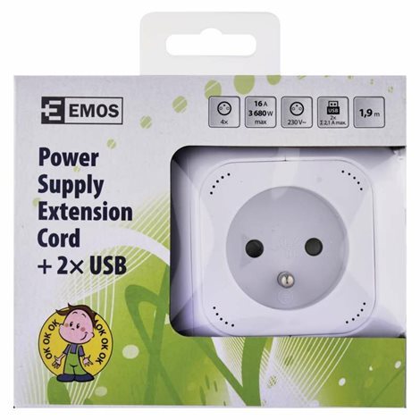 P04119U Prodlužovací kabel - kostka 1,9m, 4zásuvky, bílý, PVC, s USB, 1mm2 3