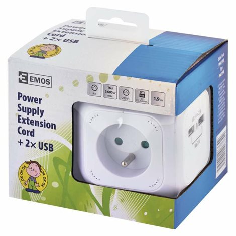 P04119U Prodlužovací kabel - kostka 1,9m, 4zásuvky, bílý, PVC, s USB, 1mm2 4