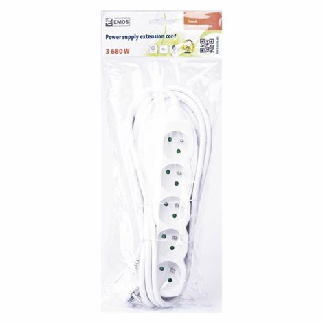 P0513R Prodlužovací kabel 3m, 5zásuvek, bílý, PVC, 1,5mm2 3