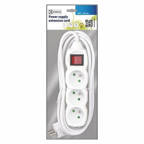 P1313 Prodlužovací kabel 3m, 3zásuvky, s vypínačem, bílý, PVC, 1mm2 2