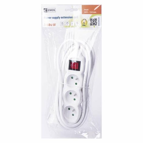 P1313R Prodlužovací kabel 3m, 3zásuvky, s vypínačem, bílý, PVC, 1,5mm2 2