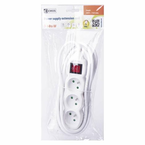 P1315R Prodlužovací kabel 5m, 3zásuvky, s vypínačem, bílý, PVC, 1,5mm2 2