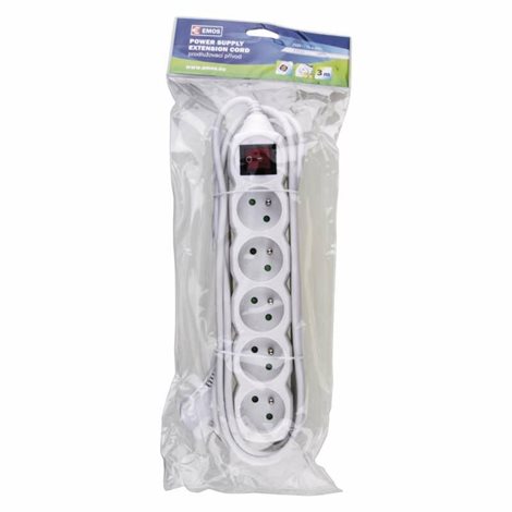 P1513 Prodlužovací kabel 3m, 5zásuvek, s vypínačem, bílý, PVC, 1mm2 2