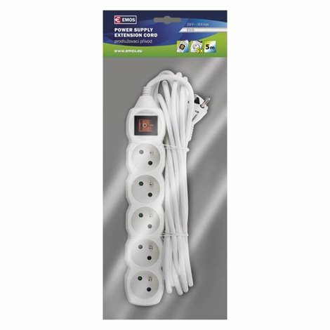 P1515 Prodlužovací kabel 5m, 5zásuvek, s vypínačem, bílý, PVC, 1mm2 2