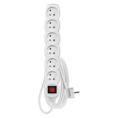 P1613R Prodlužovací kabel 3m, 6zásuvek, s vypínačem, bílý, PVC, 1,5mm2