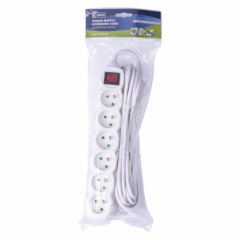 P1615 Prodlužovací kabel 5m, 6zásuvek, s vypínačem, bílý, PVC, 1mm2 2