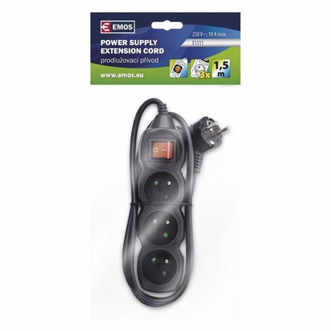 PC1311 Prodlužovací kabel 1,5m, 3zásuvky, s vypínačem, černý, PVC, 1mm2 2