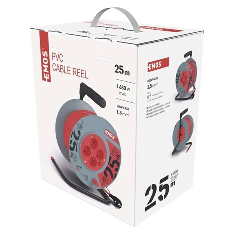 P19425 Prodlužovací kabel na bubnu 25m, 4zásuvky, červený, PVC, 230V, 1,5mm2 3