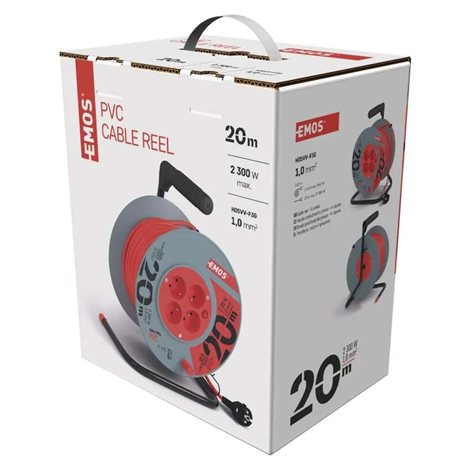 P19420 Prodlužovací kabel na bubnu 20m, 4zásuvky, červený, PVC, 230V, 1mm2 3