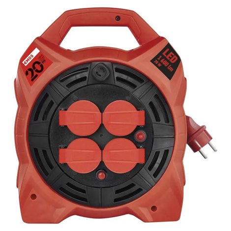 P08420 Venkovní prodlužovací kabel na bubnu 20m, 4 zás., guma, 230V, 1,5mm2 s LED reflektorem 2
