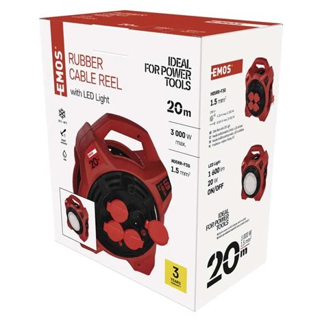 P08420 Venkovní prodlužovací kabel na bubnu 20m, 4 zás., guma, 230V, 1,5mm2 s LED reflektorem 3
