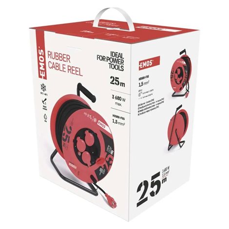 P084251 Venkovní prodlužovací kabel na bubnu 25m, 4zásuvky, černý, guma, 230V, 1,5mm2 3