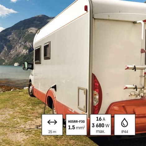 P084251 Venkovní prodlužovací kabel na bubnu 25m, 4zásuvky, černý, guma, 230V, 1,5mm2 4