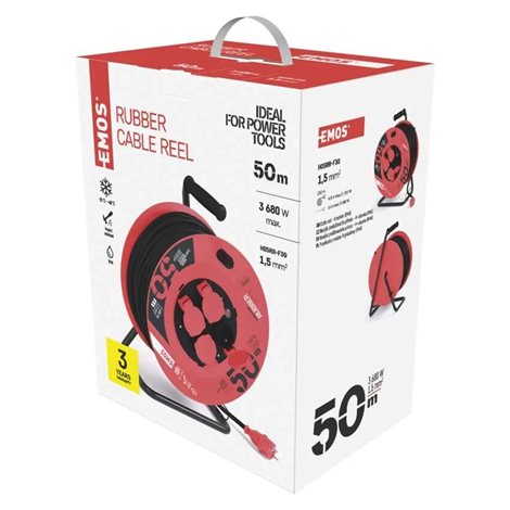 P084501 Venkovní prodlužovací kabel na bubnu 50m, 4zásuvky, černý, guma, 230V, 1,5mm2 3