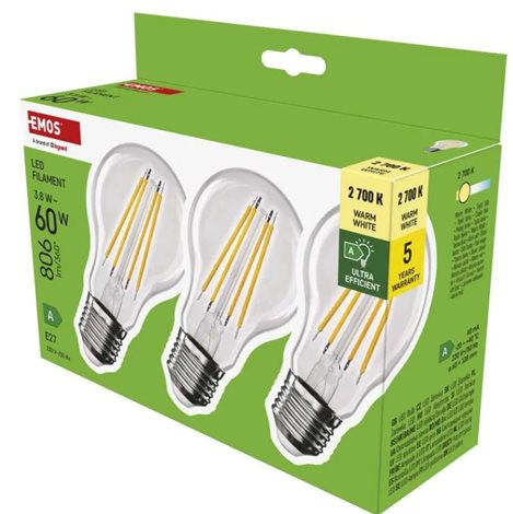 ZF5147.3 LED žárovka Filament A60 3,8W(60W), E27, 806lm, teplá bílá, 3ks 3