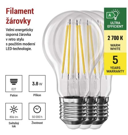 ZF5147.3 LED žárovka Filament A60 3,8W(60W), E27, 806lm, teplá bílá, 3ks 5