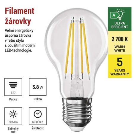 ZF5147 LED žárovka Filament A60 / E27 / 3,8 W (60 W) / 806 lm / teplá bílá 4