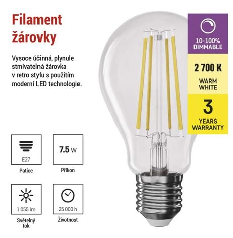 ZF5154D LED žárovka Filament A60 / E27 / 7,5W (75 W) / 1 055 lm / teplá bílá / stmívatelná 4