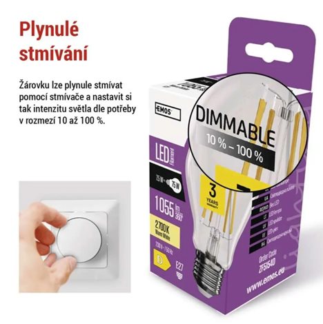 ZF5154D LED žárovka Filament A60 / E27 / 7,5W (75 W) / 1 055 lm / teplá bílá / stmívatelná 5