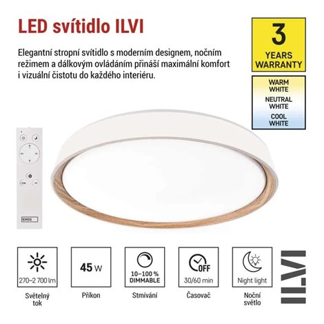 ZM5115 LED přisazené svítidlo ILVI, kruhové 45W, stmív. se změnou CCT, bílá+dřevo 12