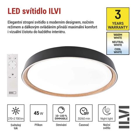 ZM5117 LED přisazené svítidlo ILVI, kruhové 45W, stmívání+CCT, černá+dřevo 12