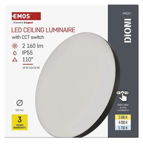 ZM7154 LED přisazené svítidlo DIONI kruhové, černé, 18W, 2160lm, IP55, se změnou CCT 14