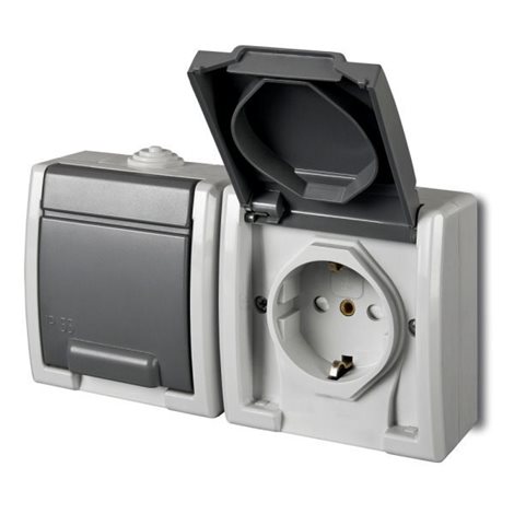 ATLAS IP55 Zásuvka 2x 2P+PE SCHUKO, 2-nás. vodorovná, šedá