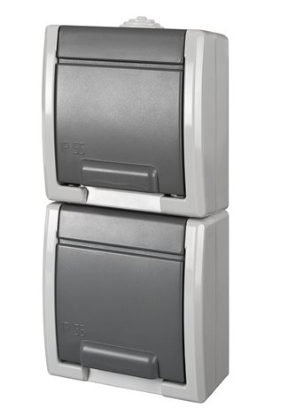 ATLAS IP55 Zásuvka 2x 2P+PE, 2-násobná svislá s ochr. kolíkem, šedá