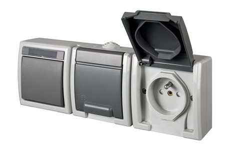 ATLAS IP55 Přepínač č.6+zásuvka 2x 2P+PE, 2-násobná vodorovně s ochr. kolíkem, šedý