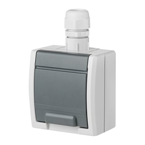 ATLAS IP65 Zásuvka 2P+PE s vývodkou M20, na povrch, šedá
