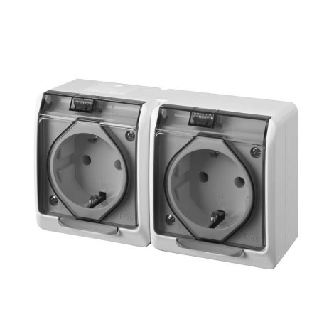 GALATEA IP44 Zásuvka 2x 2P+PE SCHUKO, 2-nás. vodorovná (bílá / kolébka průhledná)