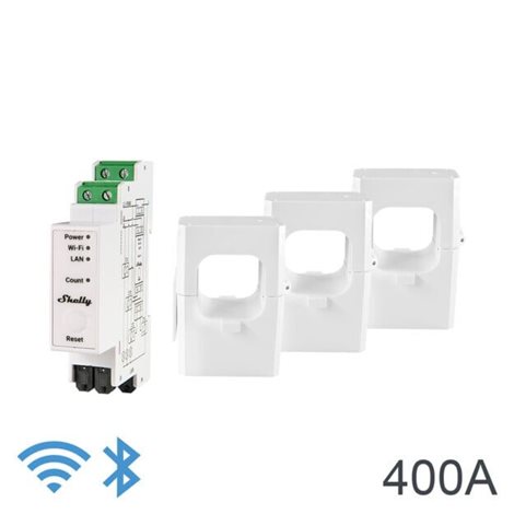 SHELLY PRO 3EM-400 Elektroměr na DIN lištu vč. 3 měřících traf 400A LAN WiFi Bluetooth 4
