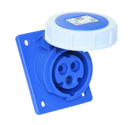 4132-6 zásuvka vestavná 3 pólová, 16A / 230V, 6h, IP67, šikmá, příruba 92x100mm